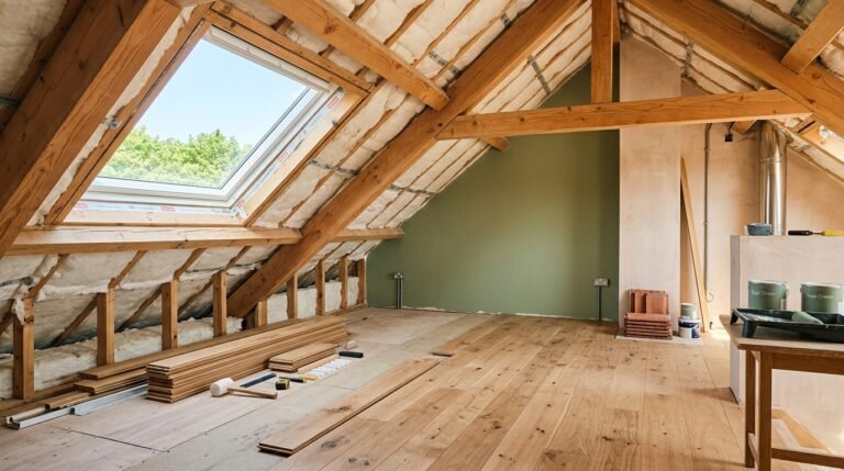 Installation d'isolation thermique dans les combles d'une maison lors d'aménagement de combles