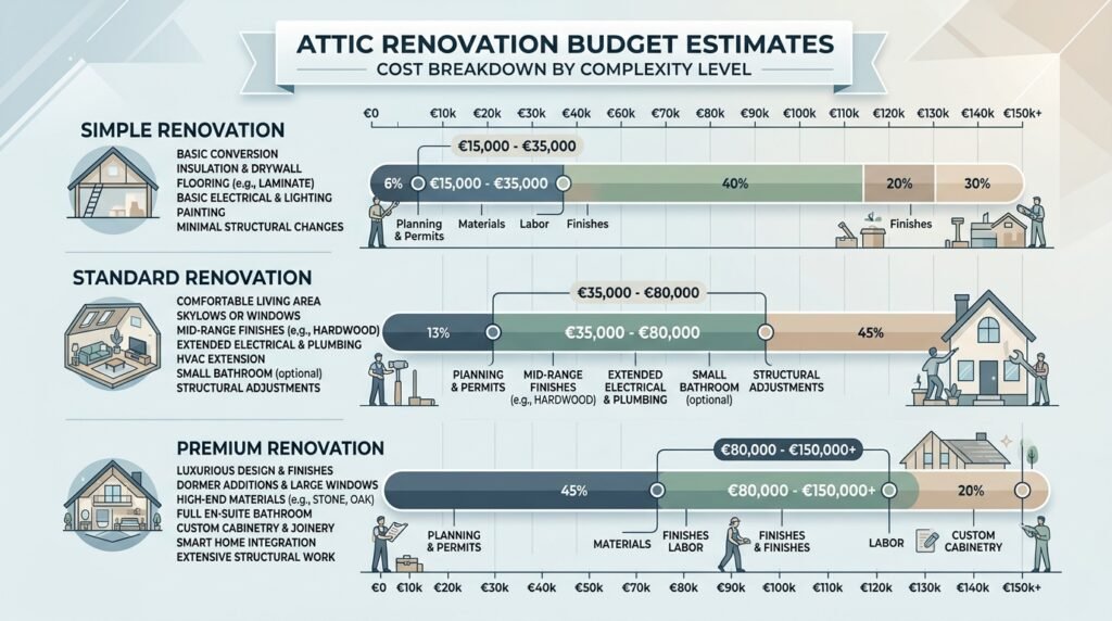 Estimation du coût d'aménagement de combles selon le type de projet et le niveau de finition choisi