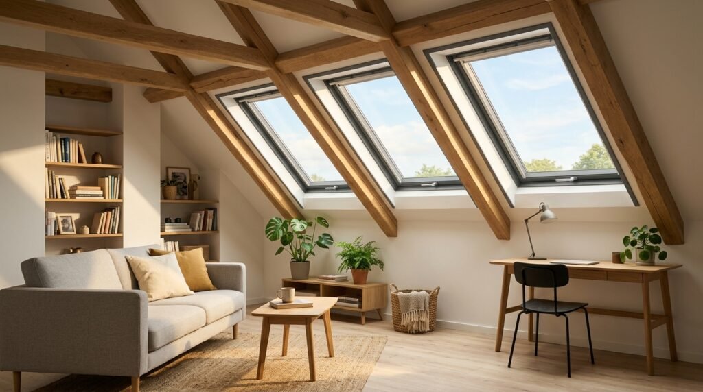 Installation de fenêtres de toit VELUX dans un aménagement de combles pour apporter de la lumière naturelle