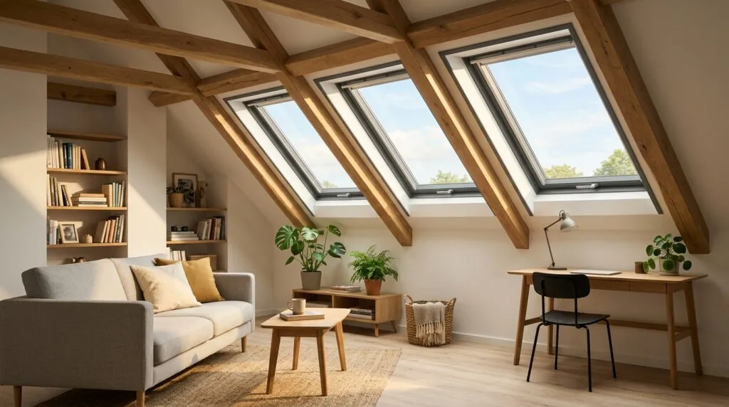 Installation de fenêtres de toit VELUX dans un aménagement de combles pour apporter de la lumière naturelle