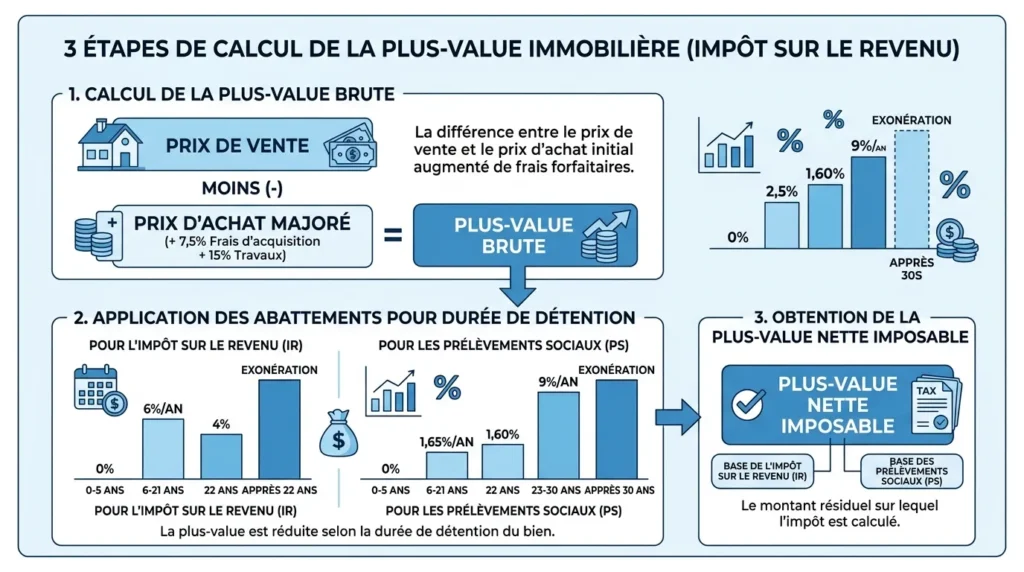 Schéma de calcul de la plus-value immobilière : prix de vente, prix d’acquisition majoré et abattements pour durée de détention.