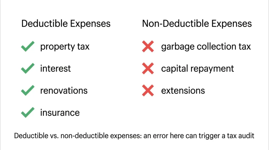Tableau illustrant les charges déductibles et non déductibles dans la déclaration 2044 des revenus fonciers