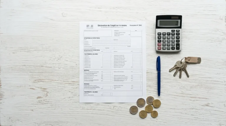 Formulaire 2044 déclaration revenus fonciers posé sur un bureau avec stylo et calculatrice