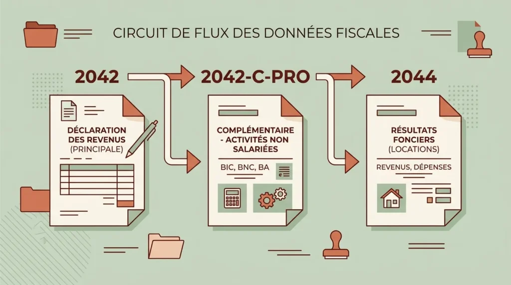 Schéma des formulaires 2042, 2044 et 2042-C-PRO pour déclarer ses revenus immobiliers