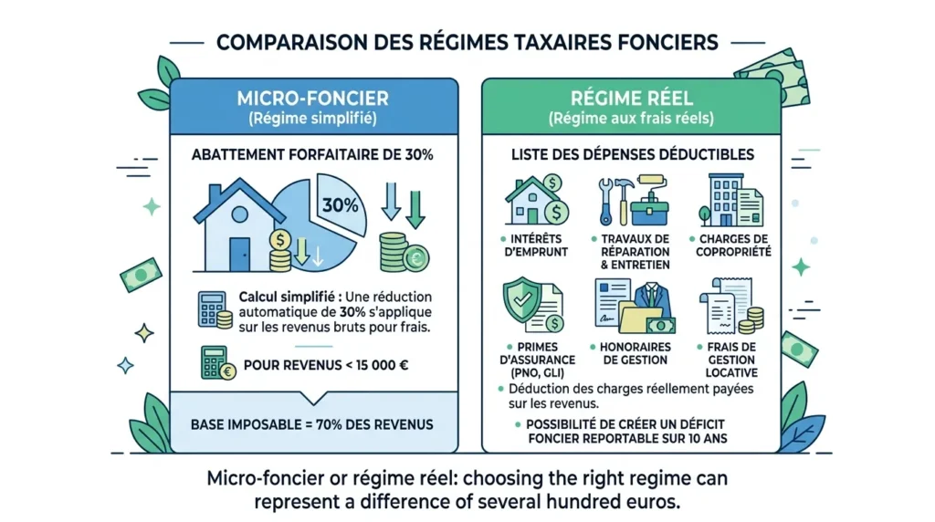 Infographie comparant le régime micro-foncier (abattement 30 %) et le régime réel (déduction des charges) pour les revenus fonciers