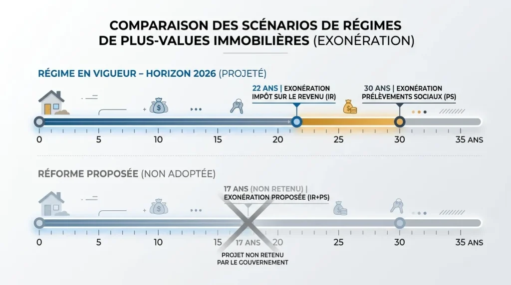 Comparaison entre la réforme proposée (17 ans) et le régime en vigueur 2026 (22/30 ans) pour la plus-value résidence secondaire.