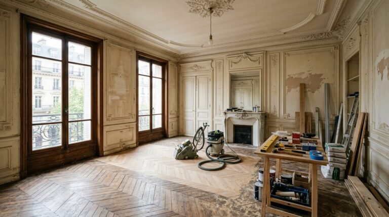 Chantier de rénovation dans un appartement ancien avec parquet d'origine et moulures
