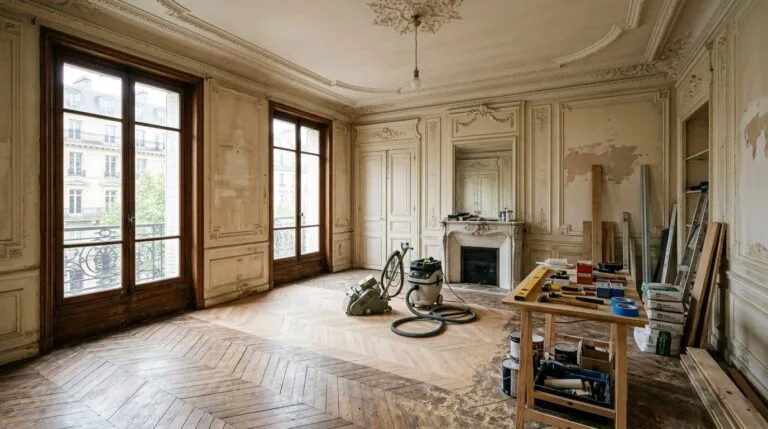 Chantier de rénovation dans un appartement ancien avec parquet d'origine et moulures