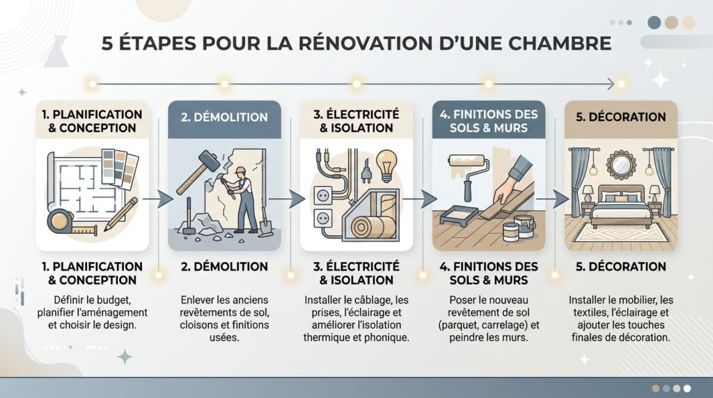 Infographie des étapes de rénovation d'une chambre à coucher