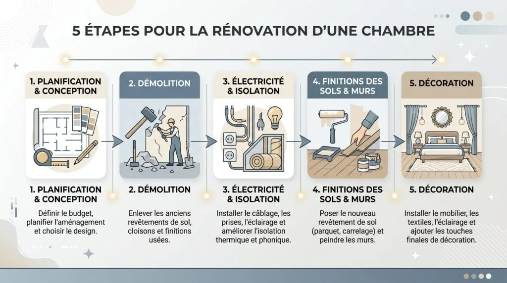 Infographie des étapes de rénovation d'une chambre à coucher