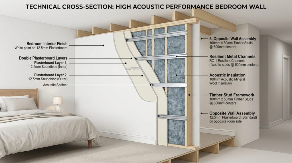 Schéma isolation phonique mur chambre avec Placo et rails résilients