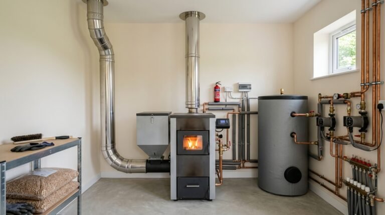 Chaudière biomasse à granulés installée dans une chaufferie de maison individuelle en