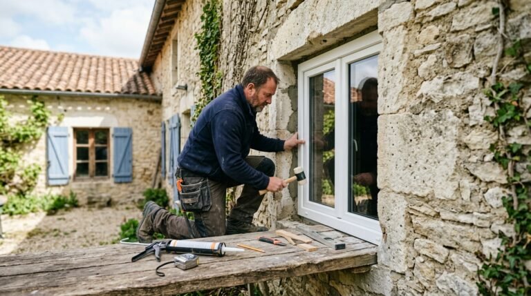Artisan RGE posant une fenêtre double vitrage PVC sur une façade en pierre en