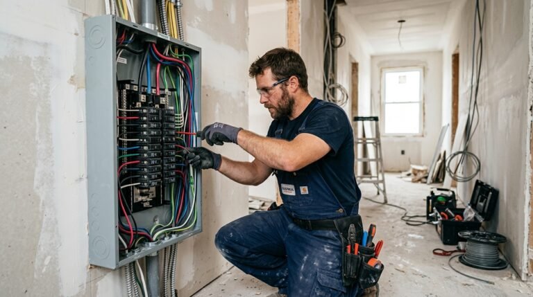 Électricien installant un tableau électrique lors d'une rénovation complète