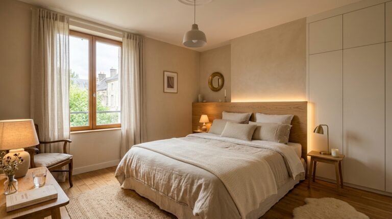 Chambre rénovée avec tête de lit en bois, éclairage doux et dressing intégré