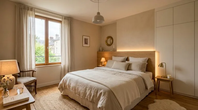 Chambre rénovée avec tête de lit en bois, éclairage doux et dressing intégré