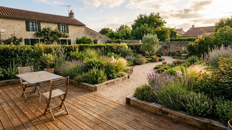Terrasse en bois et jardin aménagé à petit budget avec plantes vivaces et paillage