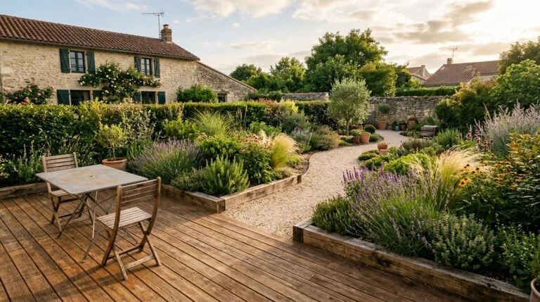 Terrasse en bois et jardin aménagé à petit budget avec plantes vivaces et paillage
