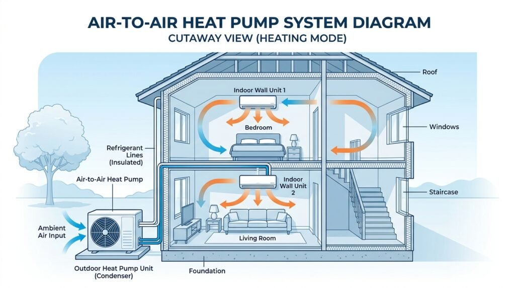 schéma installation pompe à chaleur air-air monosplit et multisplit