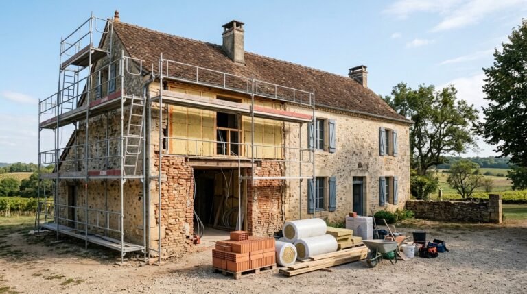 Maison en cours de rénovation complète avec échafaudage et isolation apparente