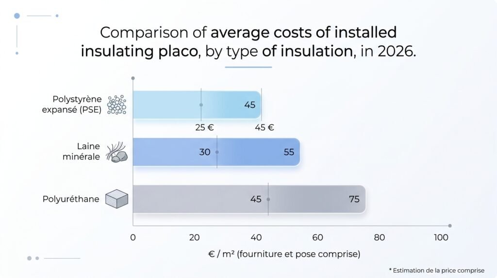 Infographie comparant le prix au m² du placo isolant PSE, laine minérale et polyuréthane en