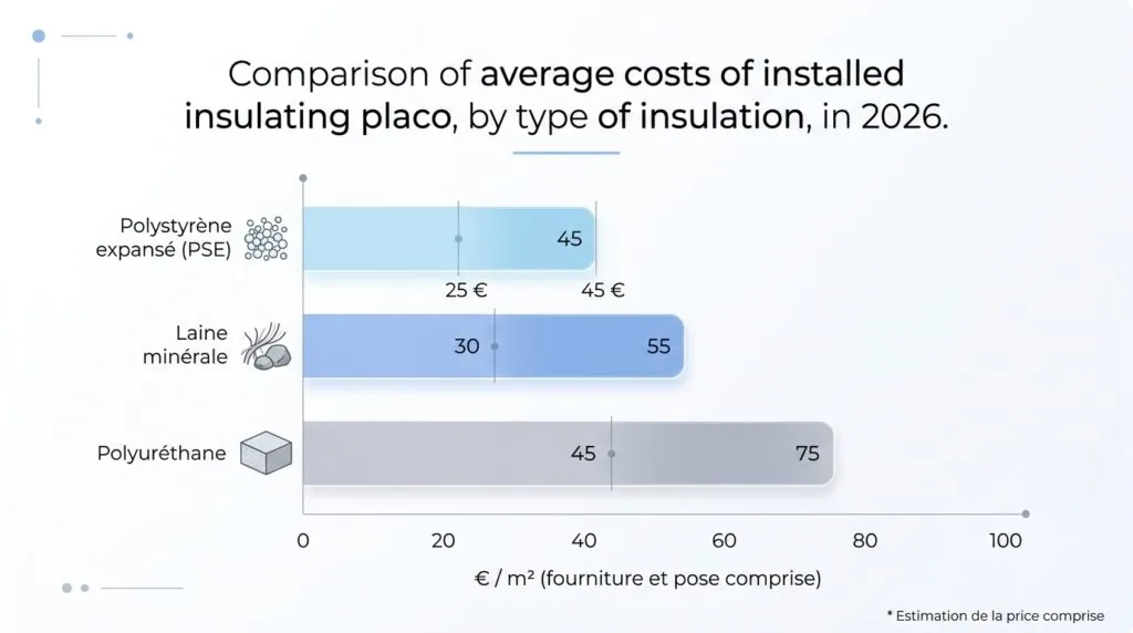 Infographie comparant le prix au m² du placo isolant PSE, laine minérale et polyuréthane en 