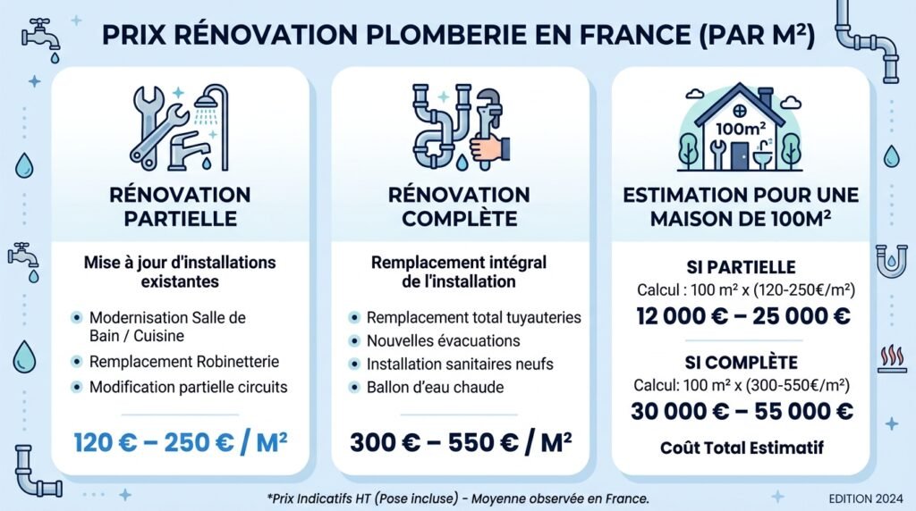 Tableau comparatif des prix d'une rénovation de plomberie au m² en France