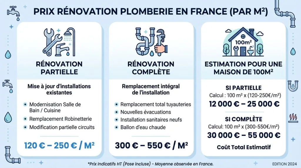 Tableau comparatif des prix d'une rénovation de plomberie au m² en France