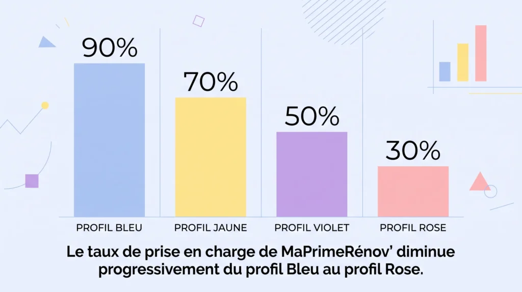  Tableau des quatre profils de revenus MaPrimeRénov' Bleu Jaune Violet Rose et leurs taux d'aide