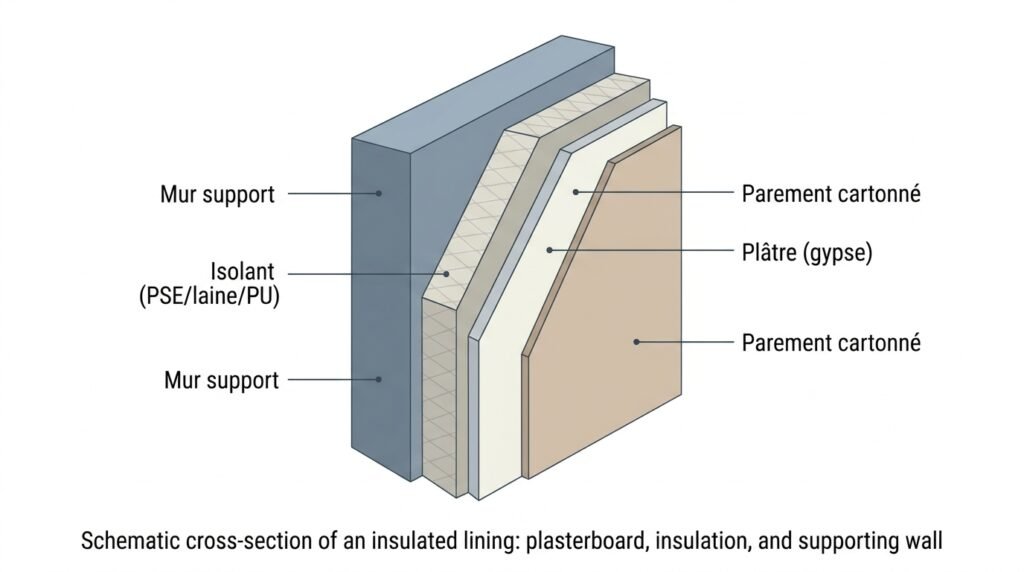 Schéma en coupe d'un placo isolant montrant plaque de plâtre et couche d'isolant