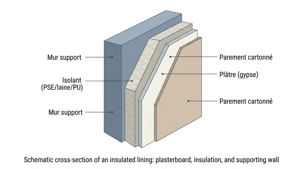 Schéma en coupe d'un placo isolant montrant plaque de plâtre et couche d'isolant