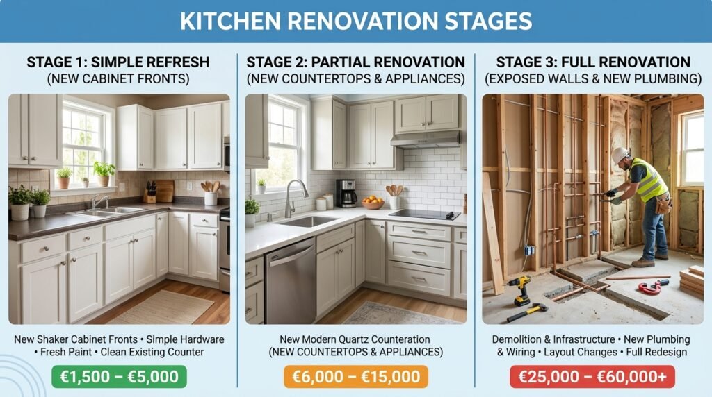Tableau comparatif budget rénovation cuisine 2026 par niveau