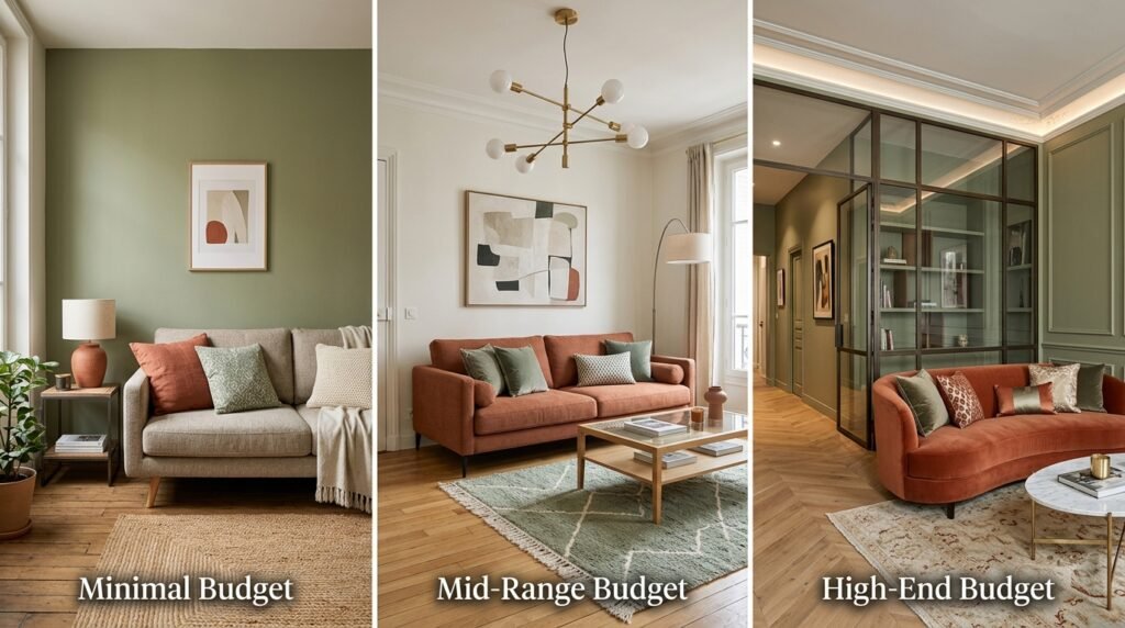 Comparaison de styles de salon rénové selon trois niveaux de budget