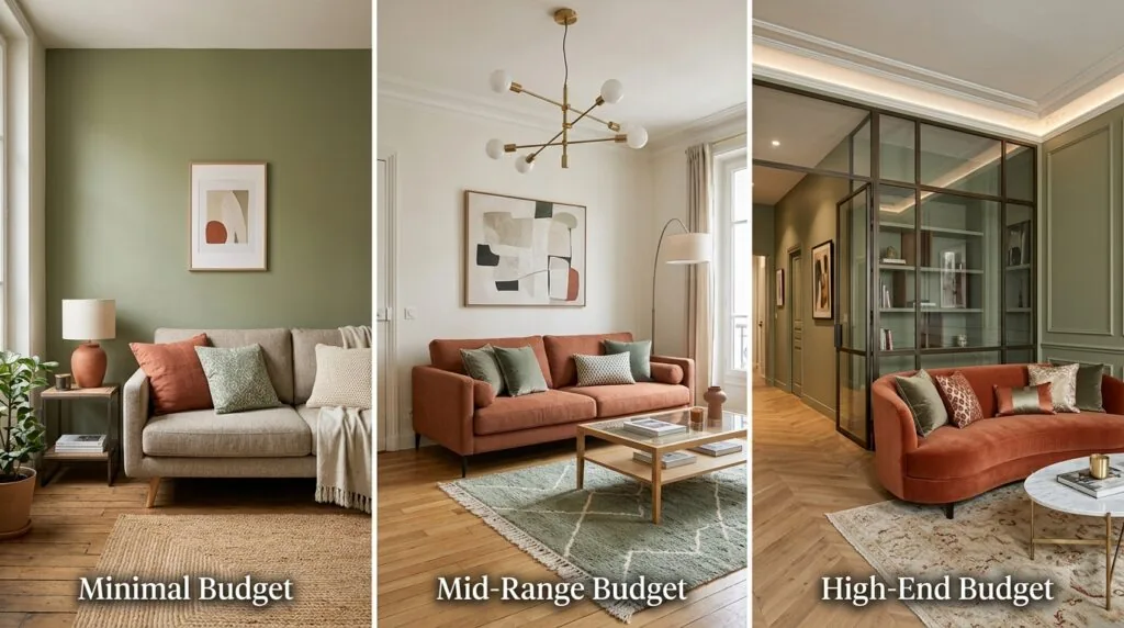 Comparaison de styles de salon rénové selon trois niveaux de budget