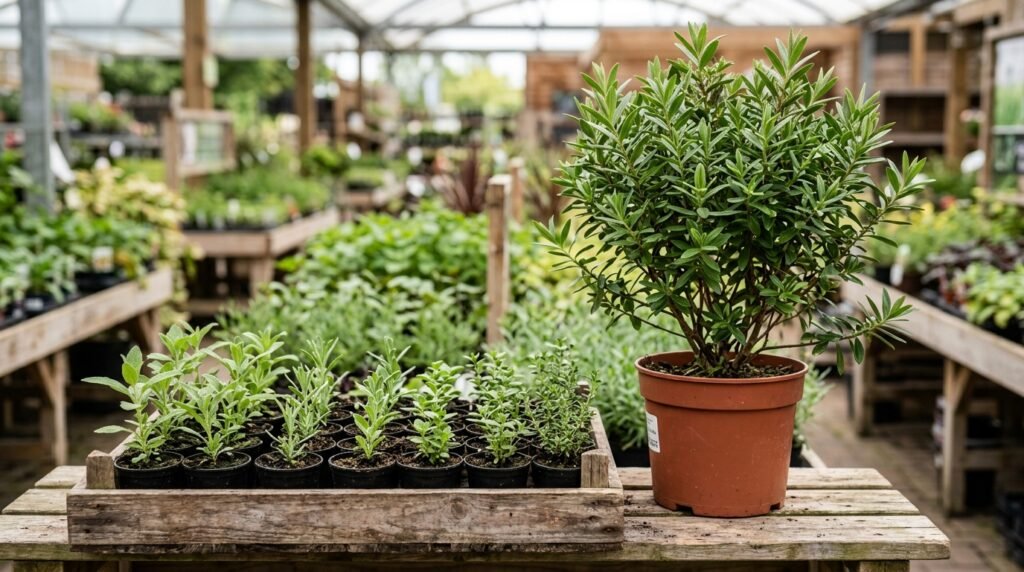 Godets de plantes vivaces économiques comparés à un grand sujet en pot