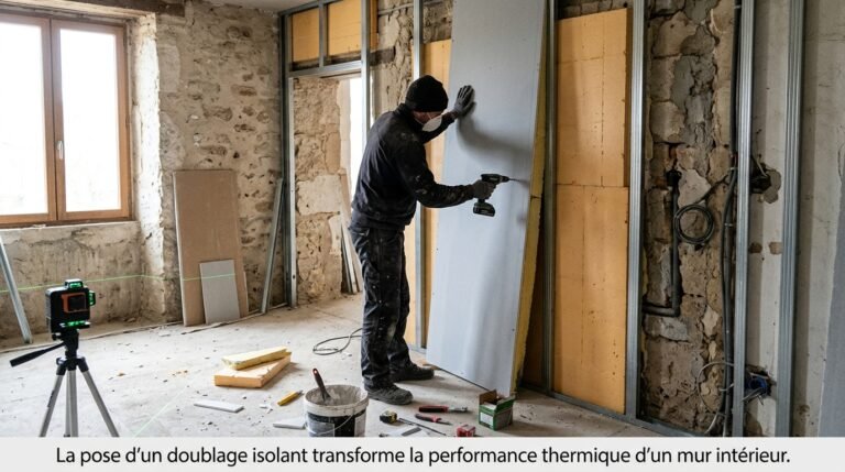 Pose de placo isolant sur ossature métallique dans une rénovation de mur intérieur en 2026