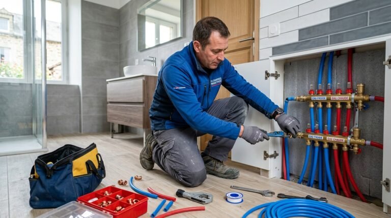 Plombier installant un réseau de plomberie en PER lors d'une rénovation de salle de bain en France