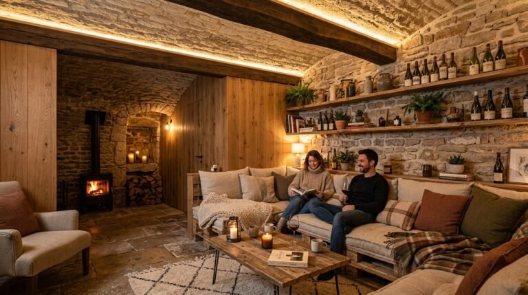 Cave rénovée avec lambris bois et éclairage LED indirect