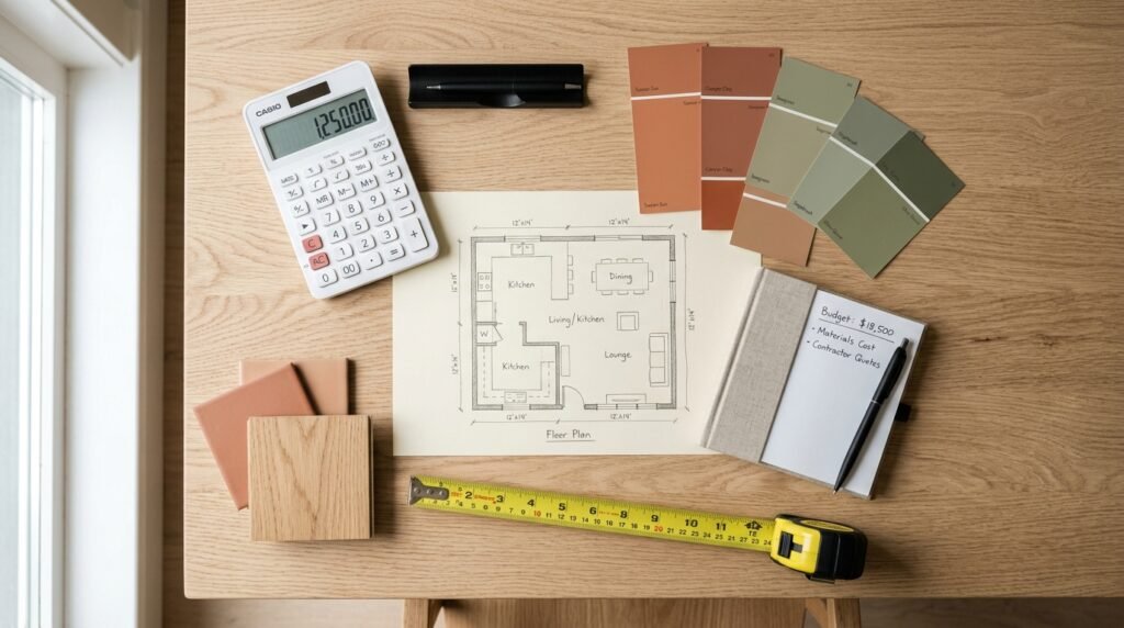 Planification du budget pour la rénovation d'un salon avec plan et échantillons