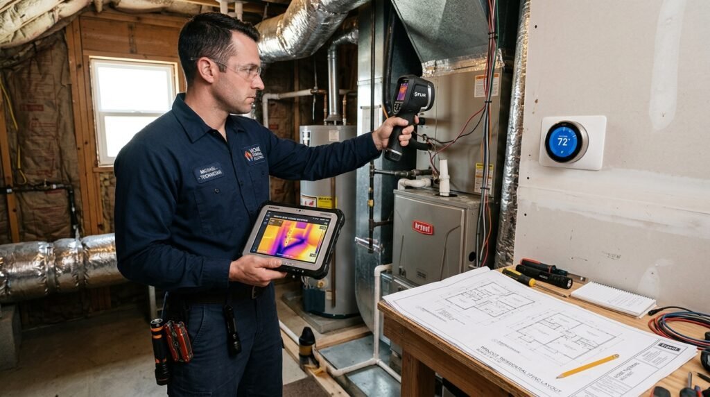 technicien RGE réalisant un bilan thermique avant installation pompe à chaleur