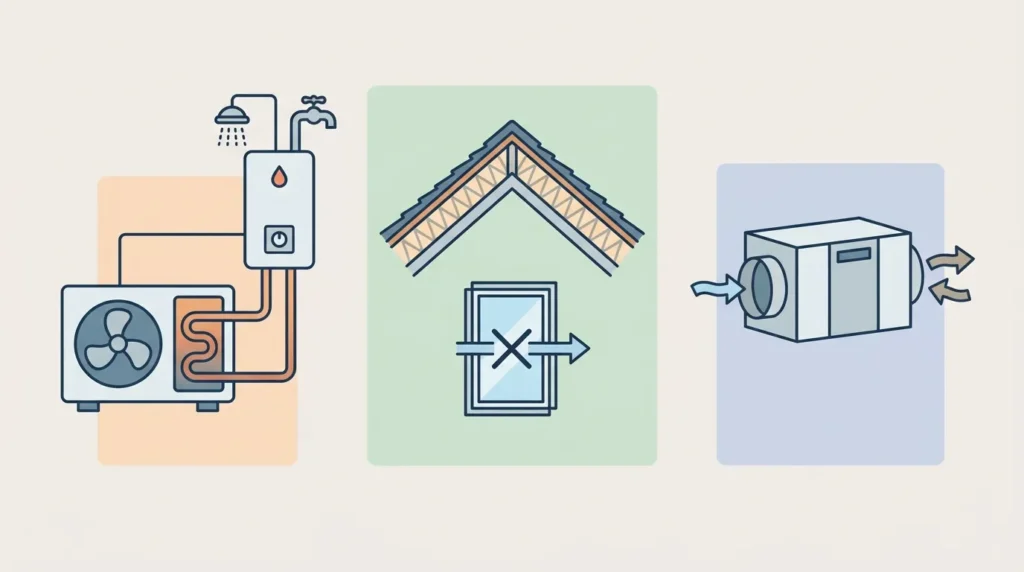 Illustration des travaux éligibles MaPrimeRénov parcours par geste 2026 chauffage isolation ventilation