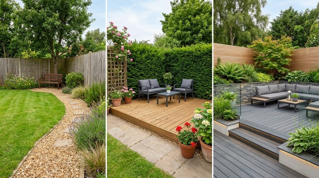 Comparaison visuelle des trois niveaux de budget pour aménager un jardin