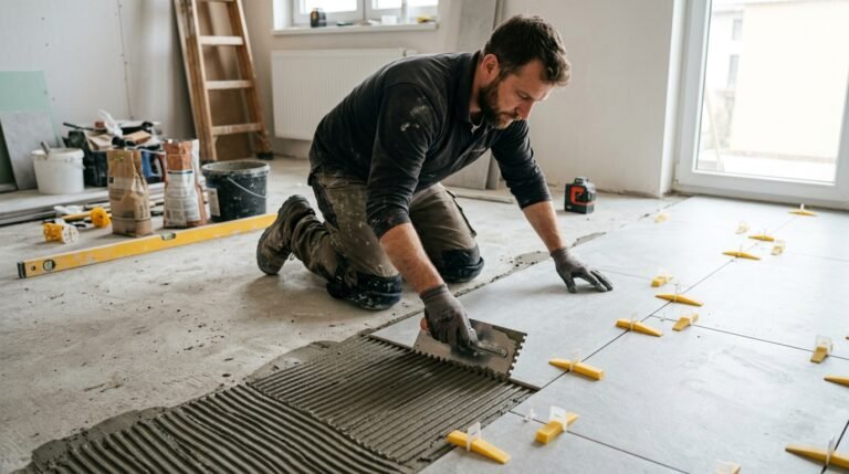 Carreleur professionnel posant du carrelage grès cérame au sol avec mortier-colle