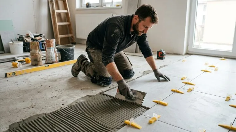 Carreleur professionnel posant du carrelage grès cérame au sol avec mortier-colle