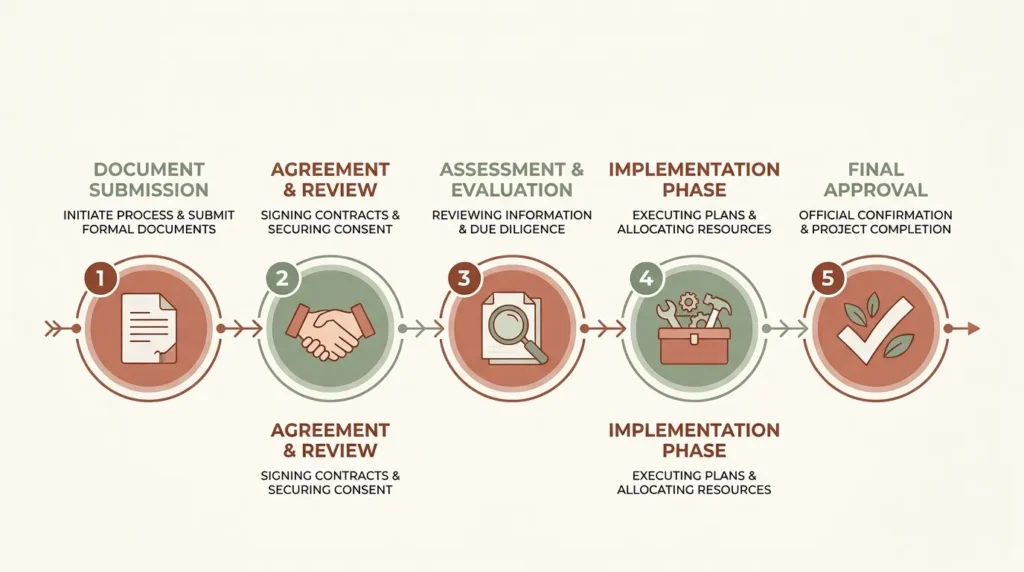Infographie des cinq étapes du parcours accompagné MaPrimeRénov' rénovation d'ampleur
