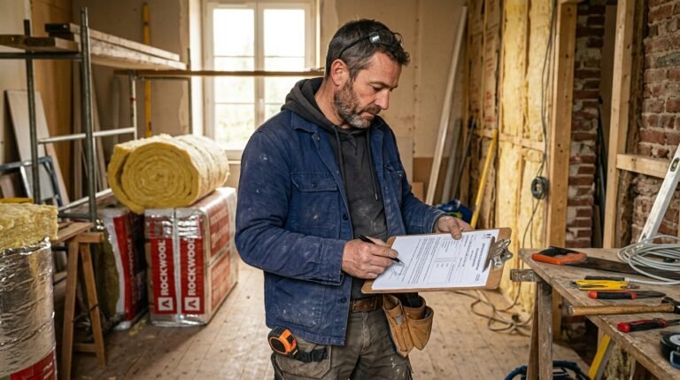 Artisan RGE vérifiant un document de certification sur un chantier de rénovation énergétique
