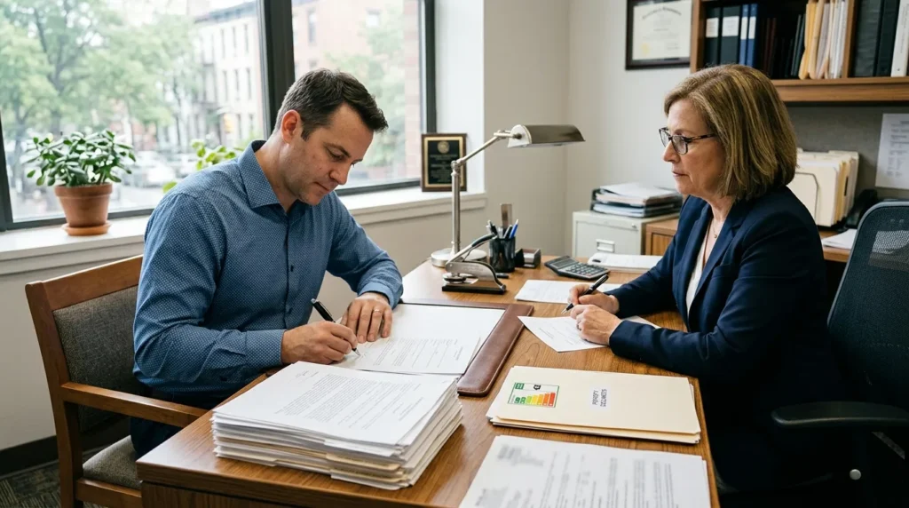 Signature d'un acte de vente immobilière avec dossier de diagnostic technique et DPE chez le notaire