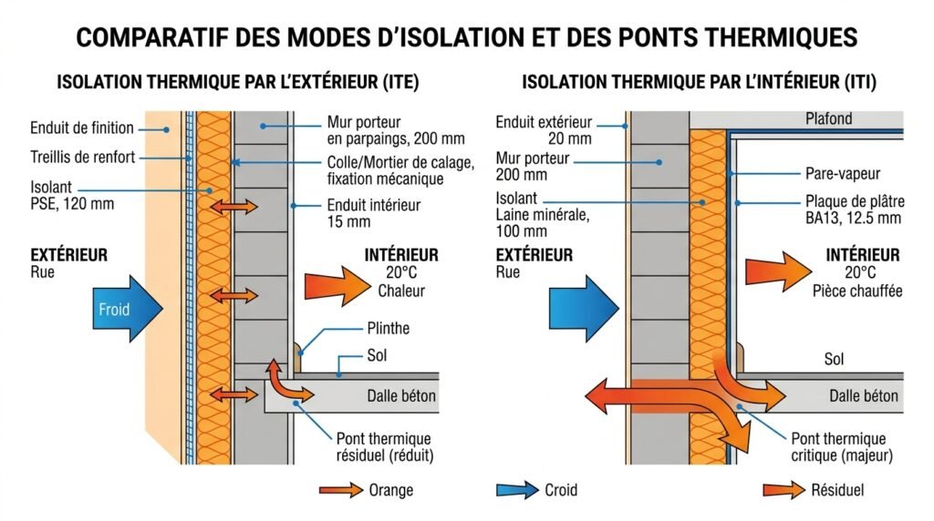 Schéma comparatif isolation thermique extérieure ITE et intérieure ITI