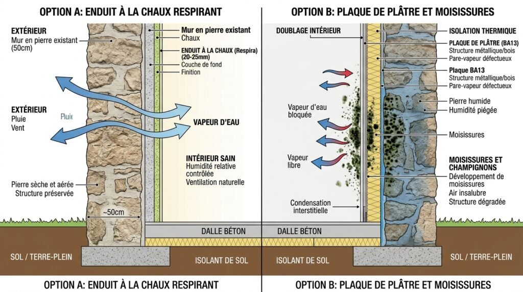 Schéma comparatif enduit chaux vs placo sur mur de cave en pierre