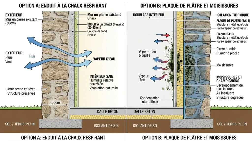 Schéma comparatif enduit chaux vs placo sur mur de cave en pierre